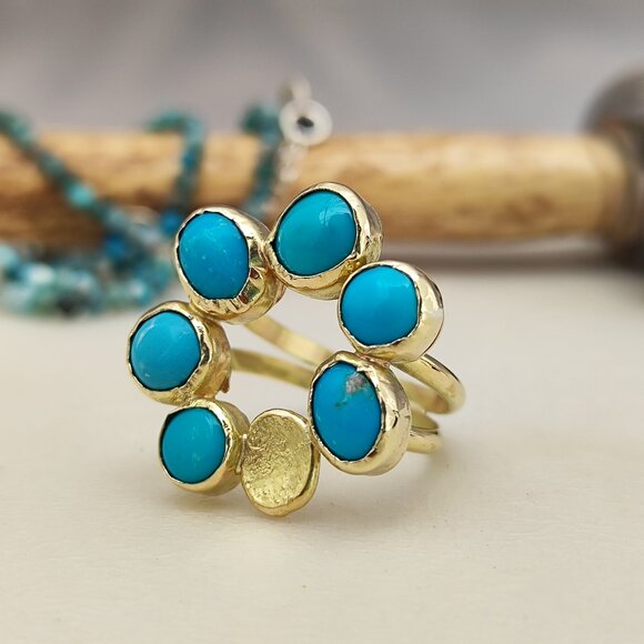 Turquoise ring. 14K solid yellow gold ring with Turquoise. Handmade ring. - Picture 1 of 14